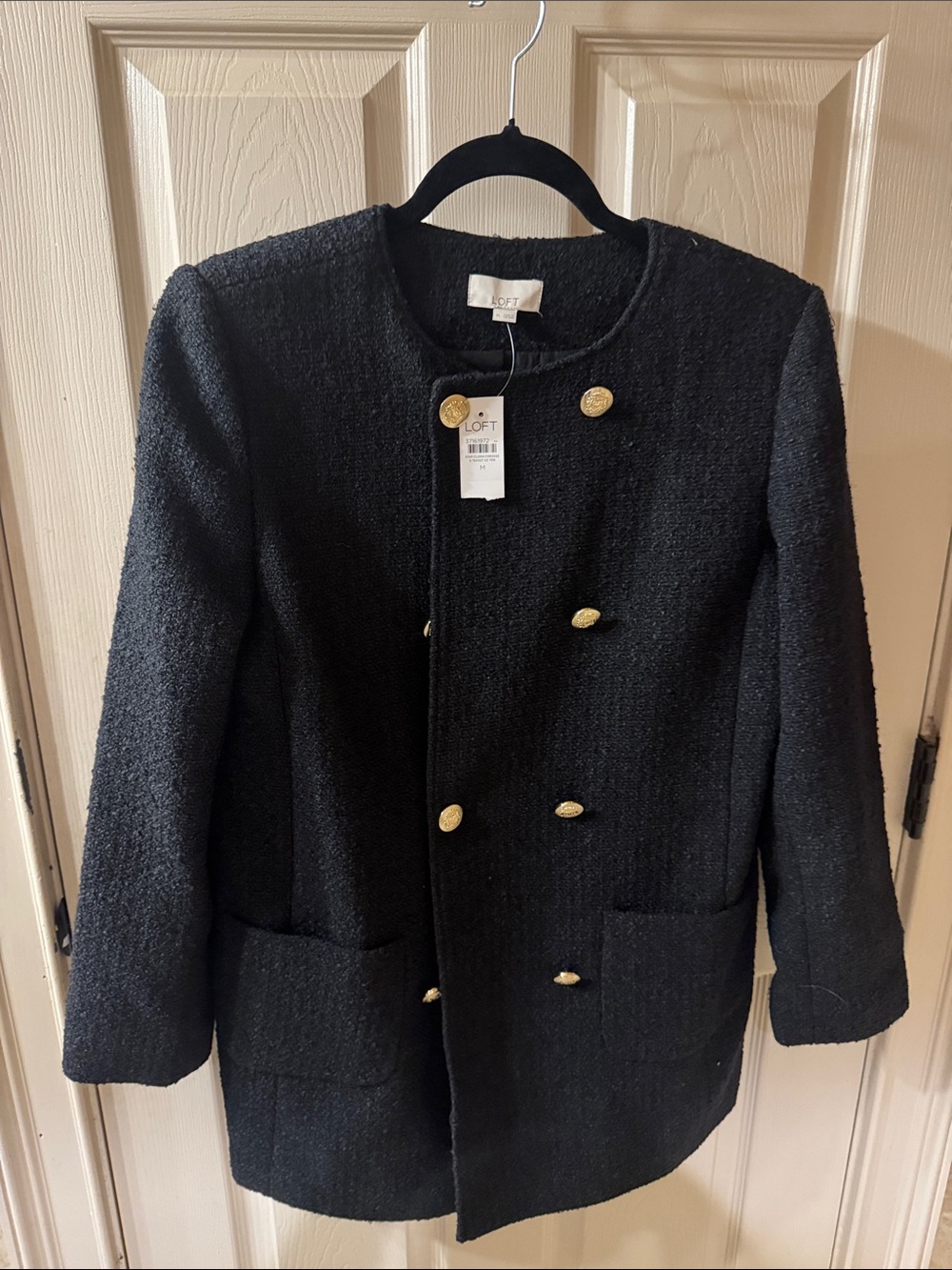 LOFT Black Bouclé Double-Breasted coat with Gold Buttons